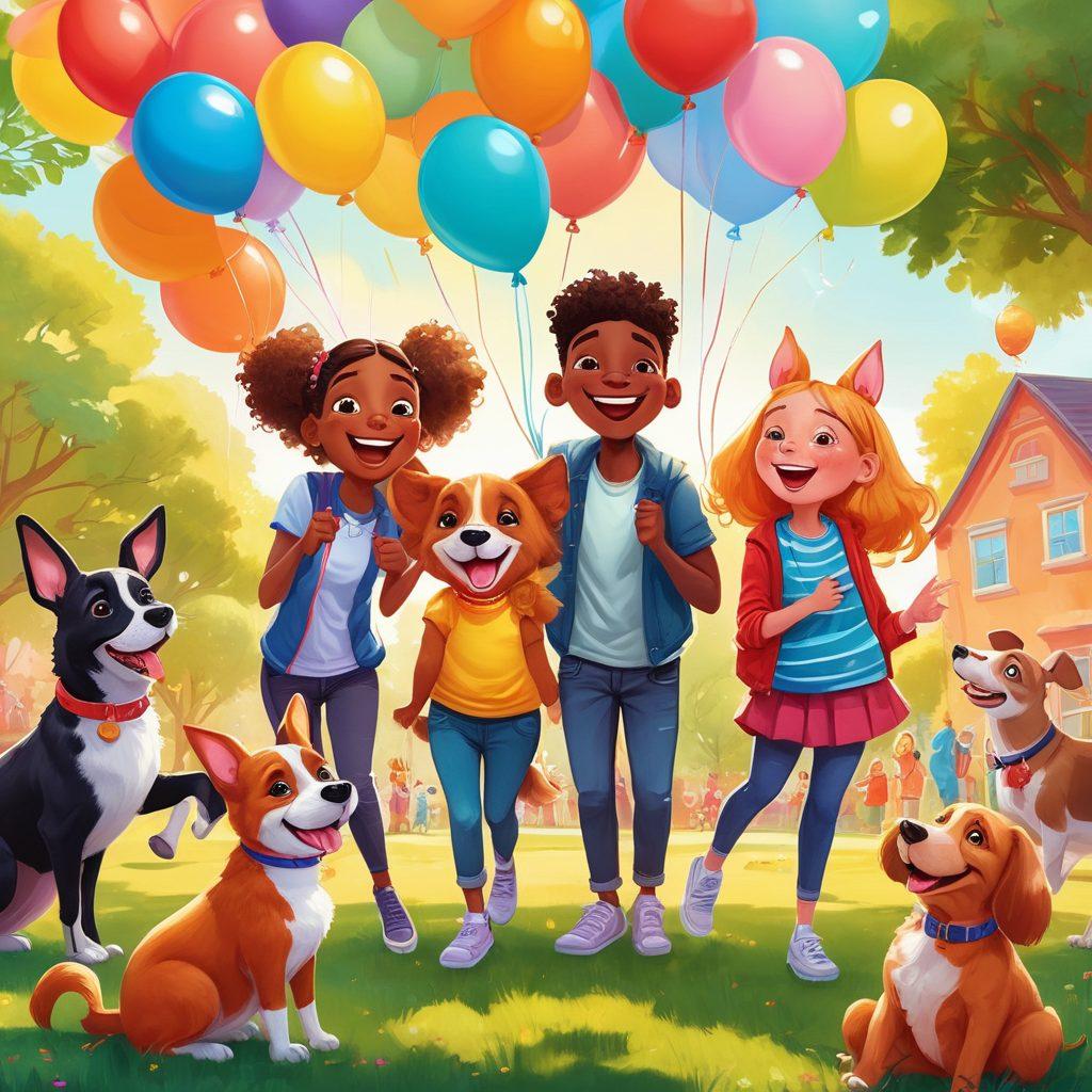 A whimsical scene of a group of diverse friends laughing and playfully making mischievous faces together in a colorful park, surrounded by playful pets and balloons. The atmosphere is lively and filled with joy, showcasing the warmth of friendship and fun. Bright colors and exaggerated expressions emphasize the humorous and light-hearted essence of the title. cartoon style. vibrant colors. sunny background.