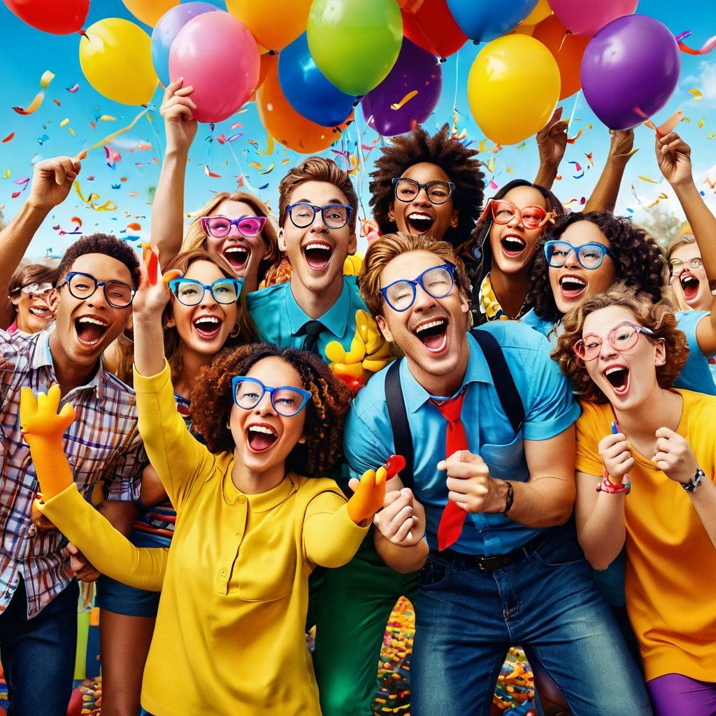 A whimsical scene depicting a group of diverse friends engaging in playful antics, each person bursting into laughter while surrounded by colorful props like rubber chickens and oversized glasses. In the background, a vibrant carnival atmosphere with balloons and confetti, highlighting the essence of fun and comedy. The overall tone conveys joy and creativity in playful mischief. colorful illustration. cartoon style. lively colors.